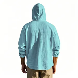 Detailed back view of a men's light blue breathable cotton linen hooded shirt with texture