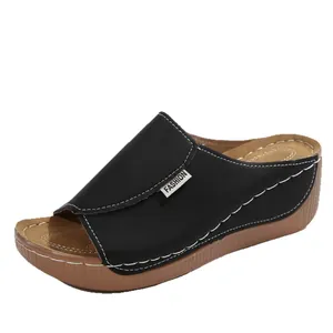 Comfortable black wedge sandals for women with elegant white decorative stitching detail