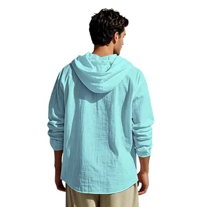 Back view of a breathable light blue cotton-linen hooded long-sleeve shirt for men