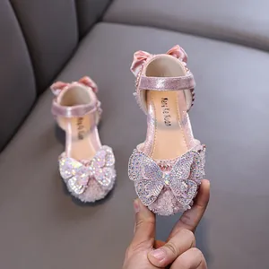 Chaussures de princesse roses pour filles avec papillon en cristal étincelant et nœud