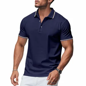 Polo homme bleu marine classique avec texture en maille et col à rayures