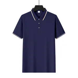 Front view of a navy blue mesh polo shirt with striped collar and cuffs detail