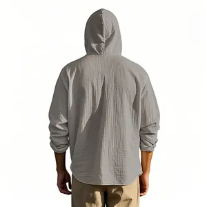 Back view of men's loose grey cotton linen hooded shirt for casual bohemian summer style