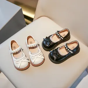Meisjes Mary Jane Prinsessen Schoenen PU Leer Met Strik En Kunstparel Platte Schoenen Voor Bruiloft En Feest