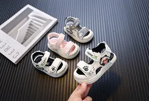 Close-up view of cute cartoon panda LED light-up baby sandals in multiple colors