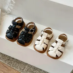 Toddler Girls Closed Toe Sandals PU Leather Bow Soft Sole Breathable Summer Beach Shoes For Little Girls Casual Walking Sandals