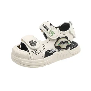 White cartoon panda children's sandals with soft sole and light-up feature for toddlers