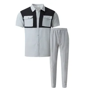 Conjunto masculino de punto gofrado con camisa de manga corta y pantalones largos