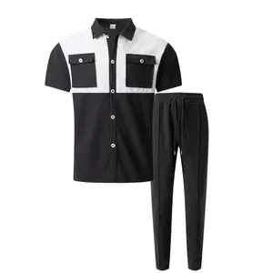 Detalle del tejido de nido de abeja en el conjunto de camisa y pantalón blanco y negro