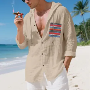 Men's relaxed fit breathable linen hooded shirt with bohemian patterned pocket