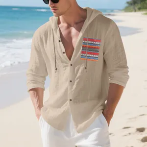 Detail view of men's bohemian hooded linen shirt with a colorful ethnic pocket.