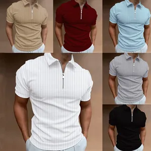 Men's summer short sleeve zip Polo shirt with vertical stripes in various colors