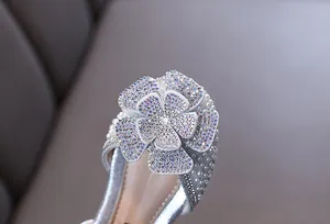 Macro-opname van de iriserende strasbloem op een zilveren prinsessenjurkschoen
