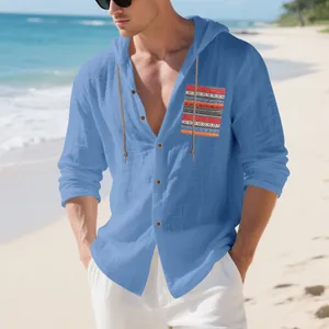 Men's light blue Bohemian hooded linen shirt perfect for casual beach vacations