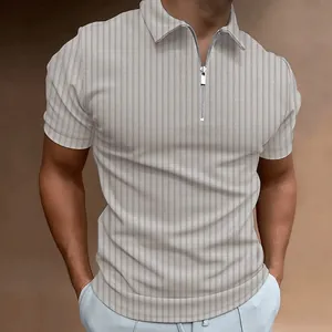 Close-up detail of a men's light gray striped short sleeve polo shirt with a silver half-zip.
