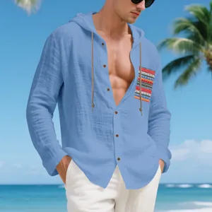 Men's light blue Bohemian linen hooded long sleeve shirt for beach vacation