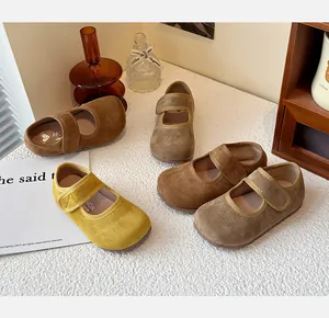Group of colorful suede Mary Jane shoes for girls in various spring colors