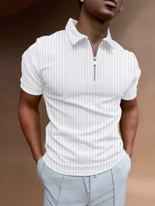 Men's white vertical striped polo shirt with modern zipper collar and short sleeves