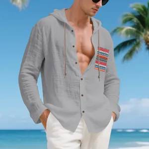 Detailed view of men's grey linen hooded shirt with a unique bohemian print pocket detail.