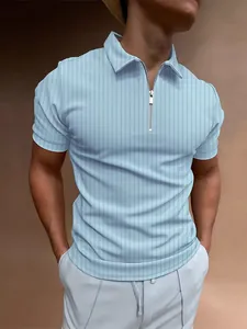 Men's light blue striped polo shirt with half-zipper closure for summer fashion