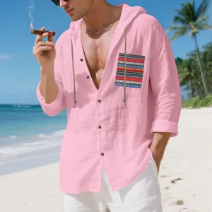 Men's pink linen hooded long sleeve shirt featuring a bohemian striped pocket detail