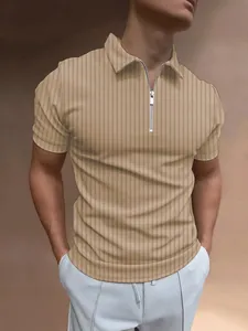 Men's slim-fit vertical striped polo shirt featuring a modern zipper neck in khaki tan