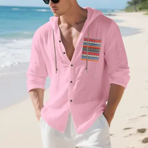 Pink men's breathable linen hooded shirt with bohemian pocket on a sunny beach