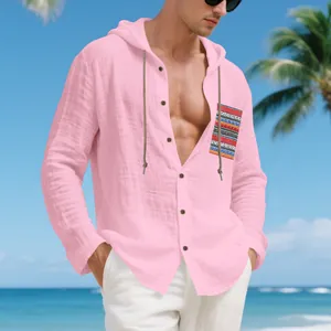 Close-up detail of a men's breathable pink linen hooded shirt with ethnic pocket