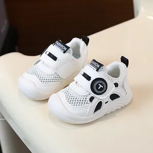 Breathable white mesh toddler walking shoes featuring soft non-slip soles for infants