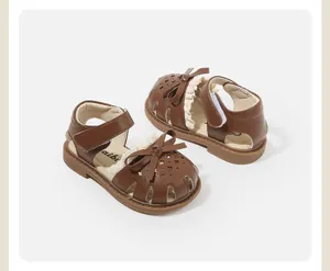 Elegant brown toddler girl sandals with cute bow and lace detail for summer walking
