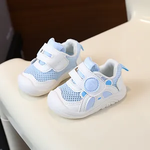 Breathable light blue mesh baby walking shoes with non-slip soft sole for infants