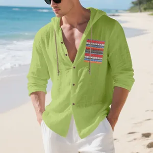 Close-up look of men's Bohemian lime green linen hooded shirt with tribal pocket on beach