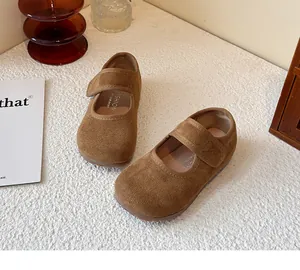 Elegant brown suede Mary Jane shoes for girls with adjustable hook and loop strap detail