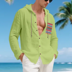 Detail view of men's bohemian lime green linen hooded shirt with patterned pocket