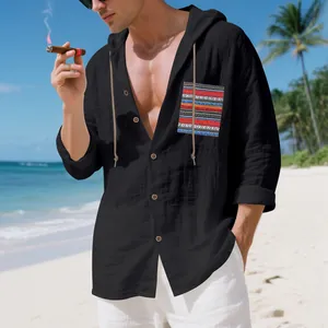 Men's bohemian black linen hooded shirt featuring a colorful ethnic pattern pocket detail
