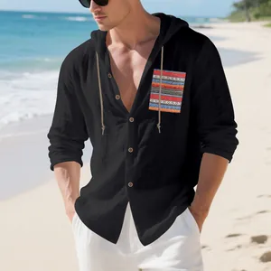 Men's bohemian black linen hooded long-sleeve shirt with ethnic pocket detail