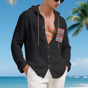 Men's bohemian black hooded linen shirt featuring ethnic patterned pocket and drawstring
