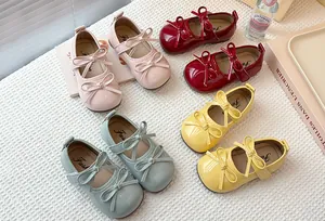 Multiple colors of children's patent leather Mary Jane shoes with triple bows