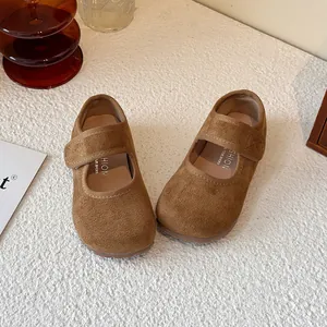 Classic brown suede Mary Jane shoes for girls with adjustable velcro strap for comfort