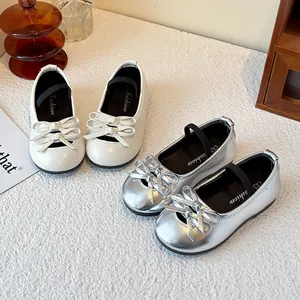 Girls Bowknot Mary Jane Shoes Microfiber Leather Elegant Round Toe Performance Dance Flat Shoes Creamy White Silver