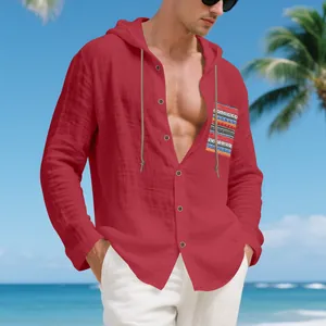 Detailed view of men's bohemian style hooded linen shirt in vibrant red textured fabric.