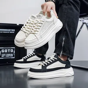 Men's breathable leather platform board shoes in white and black-white color contrast