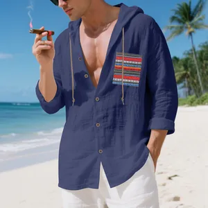 Men's navy blue Bohemian linen hoodie shirt with a colorful striped ethnic pocket.