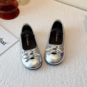Silver children's Mary Jane shoes with double bow design and soft sole