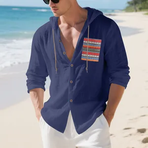 Detailed view of men's navy blue bohemian linen hooded shirt with striped pocket