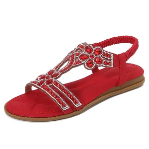 Elegant red Bohemian flat sandals featuring rhinestone floral hollow pattern for women