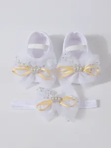 Chaussures de princesse en dentelle blanche pour bébé avec bandeau couronne