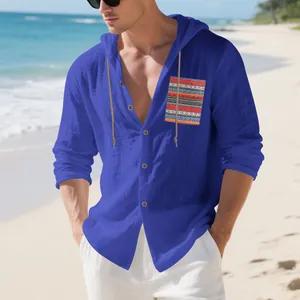 Blue bohemian linen hooded long sleeve shirt for men with ethnic pattern pocket detail