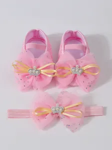 Chaussures de princesse en dentelle rose pour bébé avec bandeau couronne pour filles