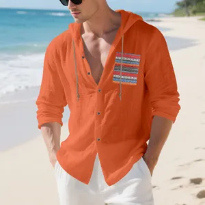 Men's orange bohemian linen hooded long sleeve shirt ideal for beach vacation wear
